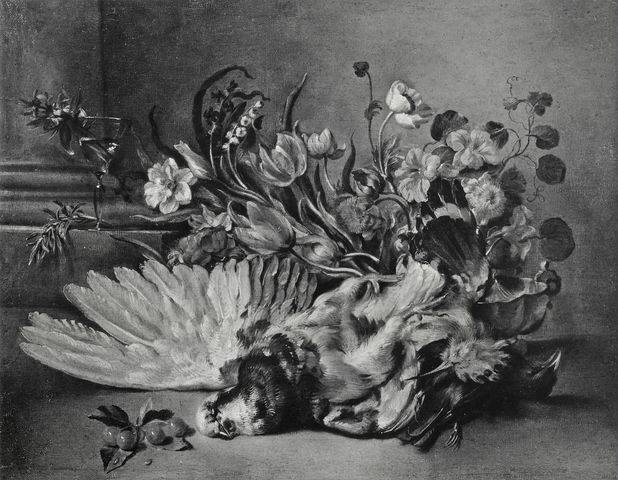 Vasari — Anonimo fiammingo-olandese sec. XVII/ XVIII - Natura morta con selvaggina, fiori, frutta e calice — insieme